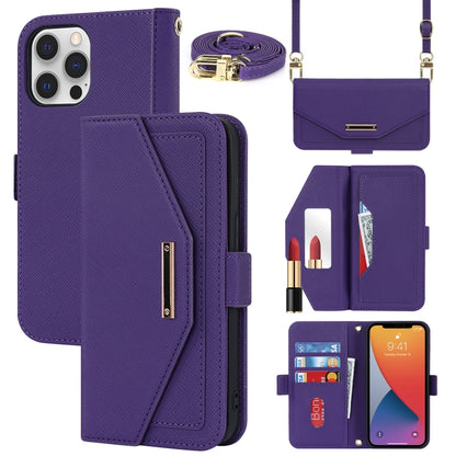 For iPhone 12 / 12 Pro Cross Texture Lanyard Leather Phone Case(Purple) - iPhone 12 / 12 Pro Cases by buy2fix | Online Shopping UK | buy2fix