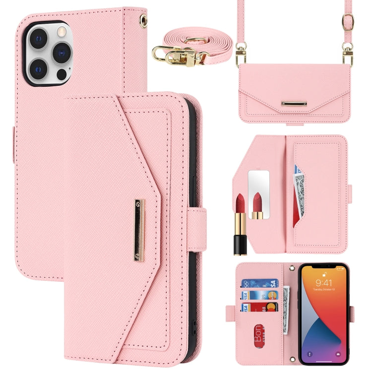 For iPhone 12 / 12 Pro Cross Texture Lanyard Leather Phone Case(Pink) - iPhone 12 / 12 Pro Cases by buy2fix | Online Shopping UK | buy2fix