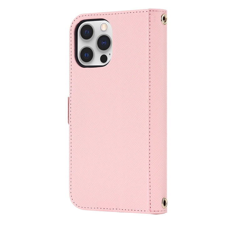 For iPhone 12 / 12 Pro Cross Texture Lanyard Leather Phone Case(Pink) - iPhone 12 / 12 Pro Cases by buy2fix | Online Shopping UK | buy2fix