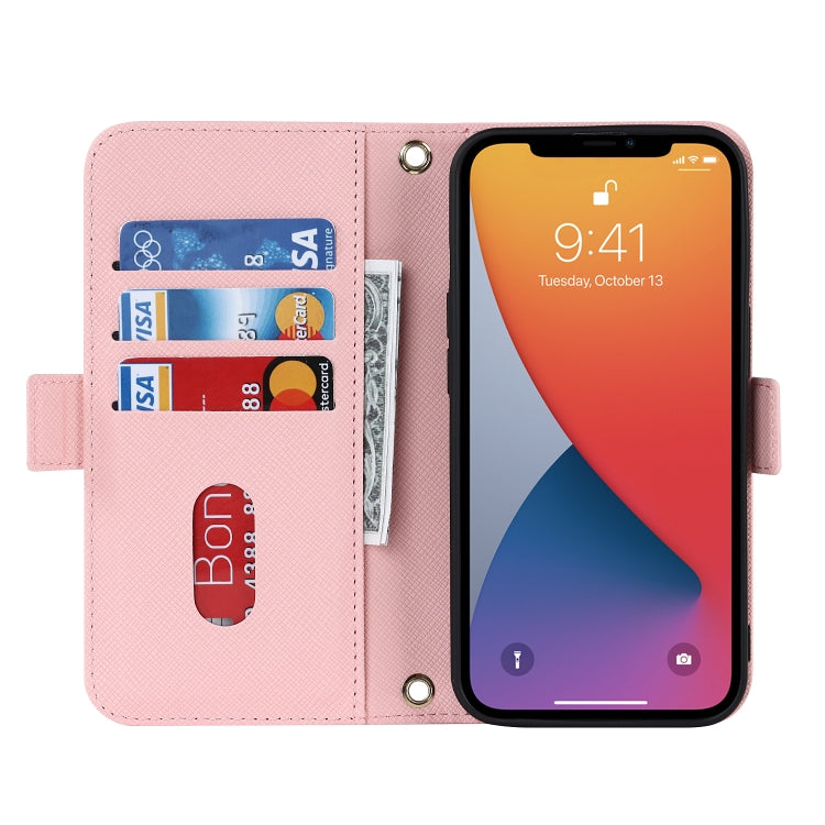 For iPhone 12 / 12 Pro Cross Texture Lanyard Leather Phone Case(Pink) - iPhone 12 / 12 Pro Cases by buy2fix | Online Shopping UK | buy2fix