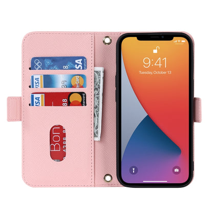 For iPhone 12 / 12 Pro Cross Texture Lanyard Leather Phone Case(Pink) - iPhone 12 / 12 Pro Cases by buy2fix | Online Shopping UK | buy2fix