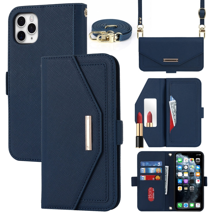 For iPhone 11 Pro Max Cross Texture Lanyard Leather Phone Case(Blue) - iPhone 11 Pro Max Cases by buy2fix | Online Shopping UK | buy2fix