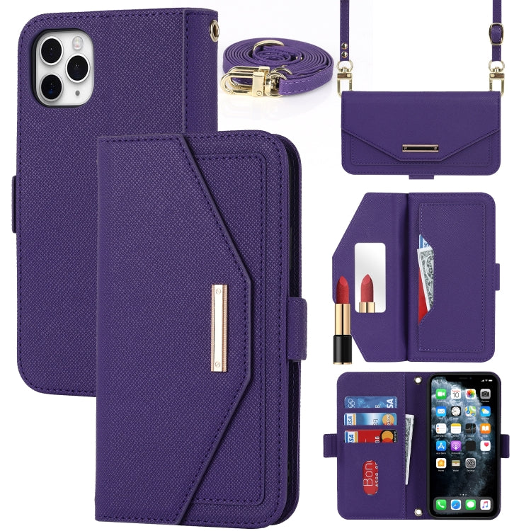For iPhone 11 Pro Max Cross Texture Lanyard Leather Phone Case(Purple) - iPhone 11 Pro Max Cases by buy2fix | Online Shopping UK | buy2fix