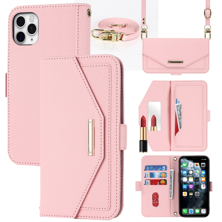 For iPhone 11 Pro Max Cross Texture Lanyard Leather Phone Case(Pink) - iPhone 11 Pro Max Cases by buy2fix | Online Shopping UK | buy2fix
