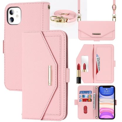 For iPhone 11 Cross Texture Lanyard Leather Phone Case(Pink) - iPhone 11 Cases by buy2fix | Online Shopping UK | buy2fix
