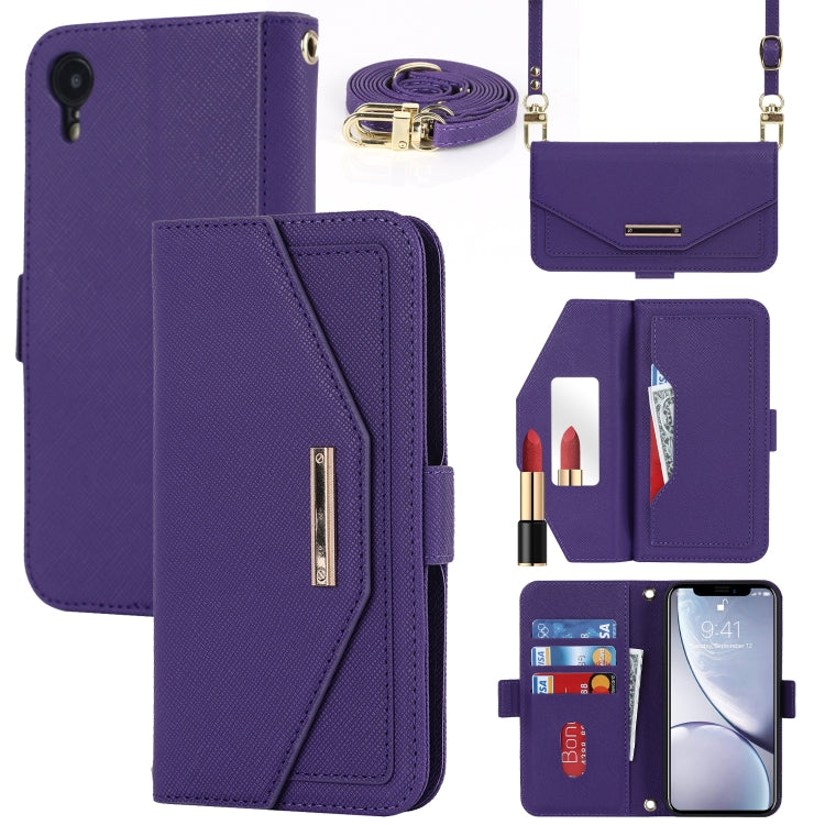 For iPhone XR Cross Texture Lanyard Leather Phone Case(Purple) - More iPhone Cases by buy2fix | Online Shopping UK | buy2fix