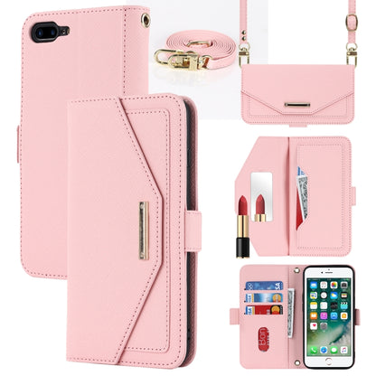 For iPhone 8 Plus / 7 Plus Cross Texture Lanyard Leather Phone Case(Pink) - More iPhone Cases by buy2fix | Online Shopping UK | buy2fix
