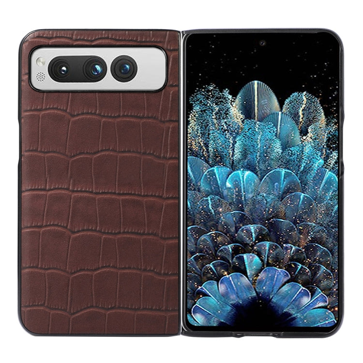 For Google Pixel Fold Crocodile Texture Genuine Leather Phone Case(Brown) by buy2fix