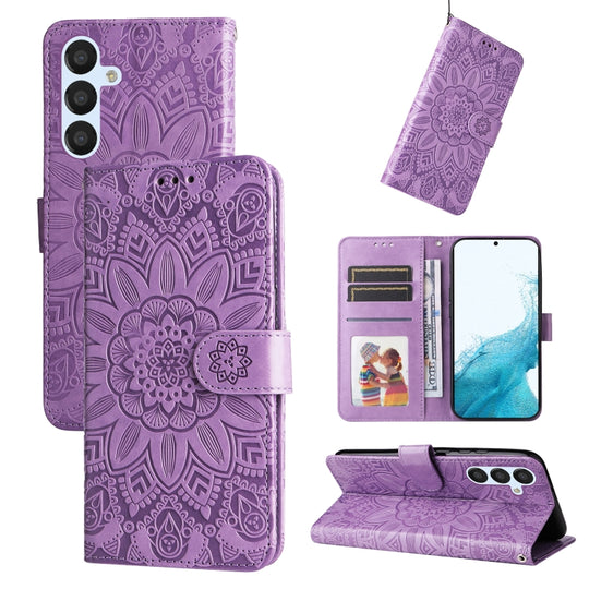For Samsung Galaxy A34 5G Embossed Sunflower Leather Phone Case(Purple)