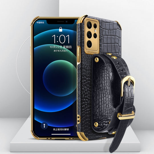 For Samsung Galaxy S23 Ultra 5G Electroplated TPU Crocodile Pattern Leather Case with Wrist Strap(Black)