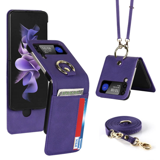 For Samsung Galaxy Z Flip4 5G Cross Texture Lanyard Ring Phone Case(Purple)