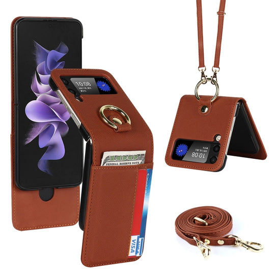For Samsung Galaxy Z Flip4 5G Cross Texture Lanyard Ring Phone Case(Brown)