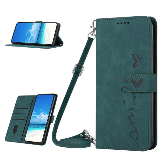 For Samsung Galaxy A34 5G Skin Feel Heart Embossed Leather Phone Case with Lanyard(Green)