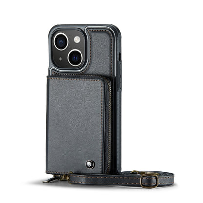 For iPhone 13 JEEHOOD C22 Series Zipper Wallet Leather Phone Case with Dual Lanyard(Black) - iPhone 13 Cases by JEEHOOD | Online Shopping UK | buy2fix