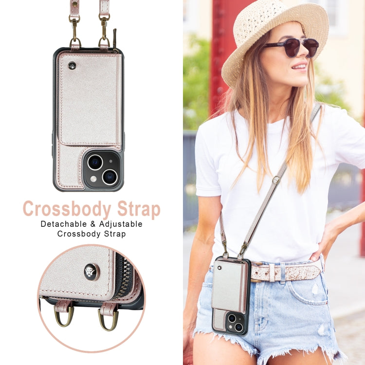 For iPhone 13 JEEHOOD C22 Series Zipper Wallet Leather Phone Case with Dual Lanyard(Rose Gold) - iPhone 13 Cases by JEEHOOD | Online Shopping UK | buy2fix