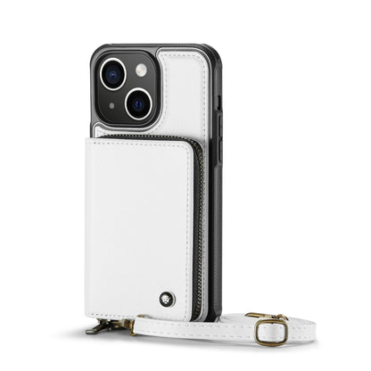 For iPhone 13 JEEHOOD C22 Series Zipper Wallet Leather Phone Case with Dual Lanyard(White) - iPhone 13 Cases by JEEHOOD | Online Shopping UK | buy2fix