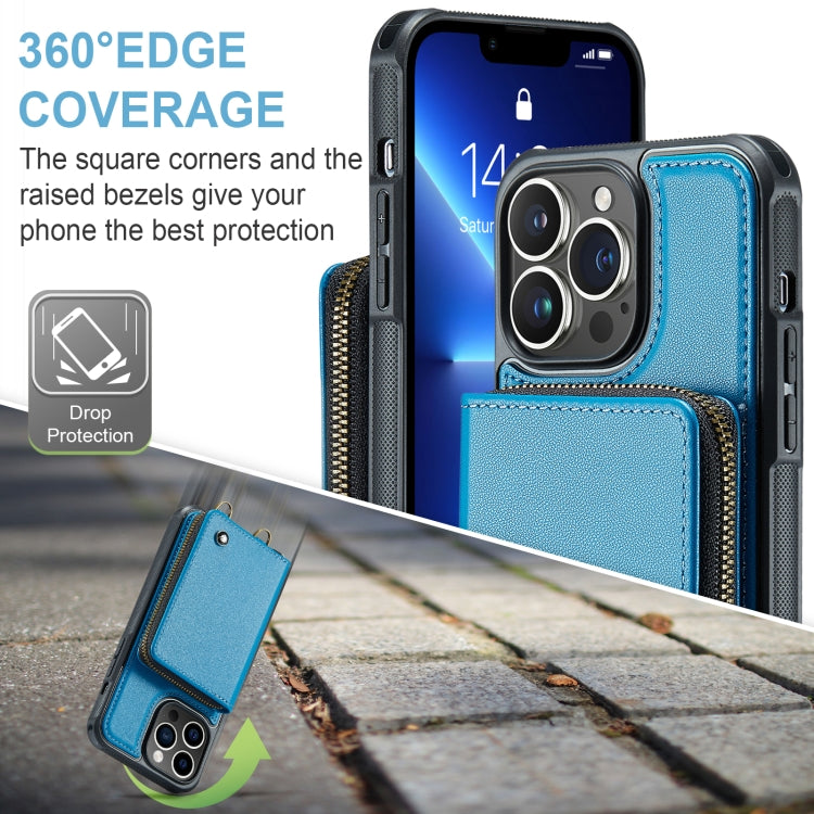 For iPhone 13 Pro JEEHOOD C22 Series Zipper Wallet Leather Phone Case with Dual Lanyard(Blue) - iPhone 13 Cases by JEEHOOD | Online Shopping UK | buy2fix