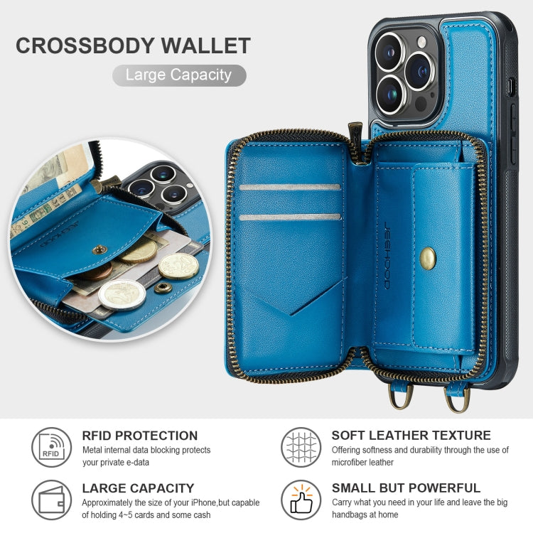 For iPhone 13 Pro JEEHOOD C22 Series Zipper Wallet Leather Phone Case with Dual Lanyard(Blue) - iPhone 13 Cases by JEEHOOD | Online Shopping UK | buy2fix