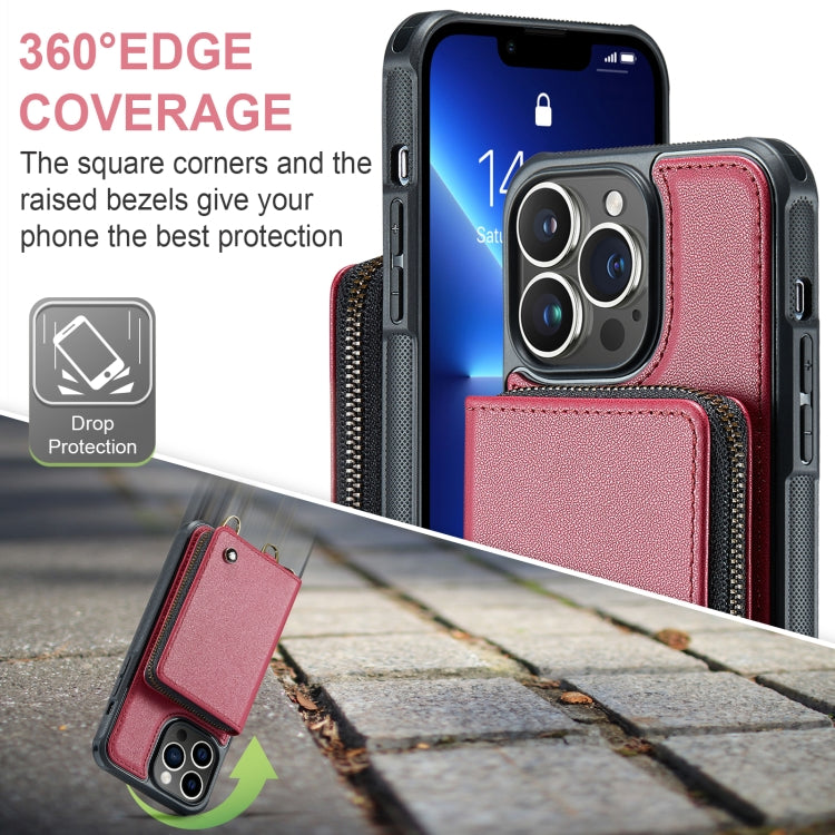 For iPhone 13 Pro JEEHOOD C22 Series Zipper Wallet Leather Phone Case with Dual Lanyard(Red) - iPhone 13 Cases by JEEHOOD | Online Shopping UK | buy2fix