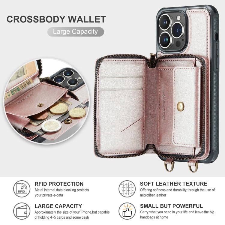 For iPhone 13 Pro Max JEEHOOD C22 Series Zipper Wallet Leather Phone Case with Dual Lanyard(Rose Gold) - iPhone 13 Cases by JEEHOOD | Online Shopping UK | buy2fix