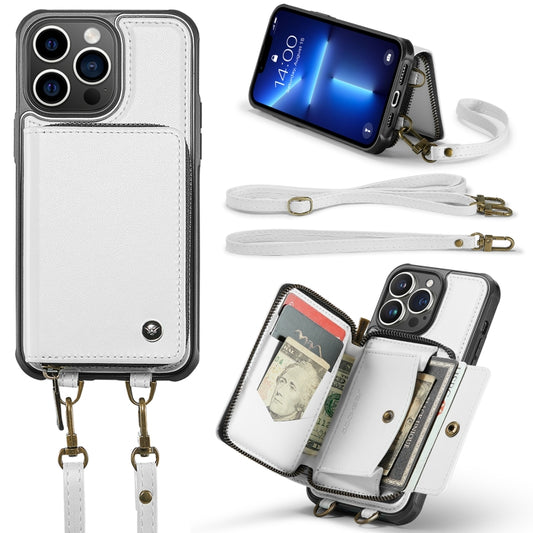 For iPhone 13 Pro Max JEEHOOD C22 Series Zipper Wallet Leather Phone Case with Dual Lanyard(White) - iPhone 13 Cases by JEEHOOD | Online Shopping UK | buy2fix