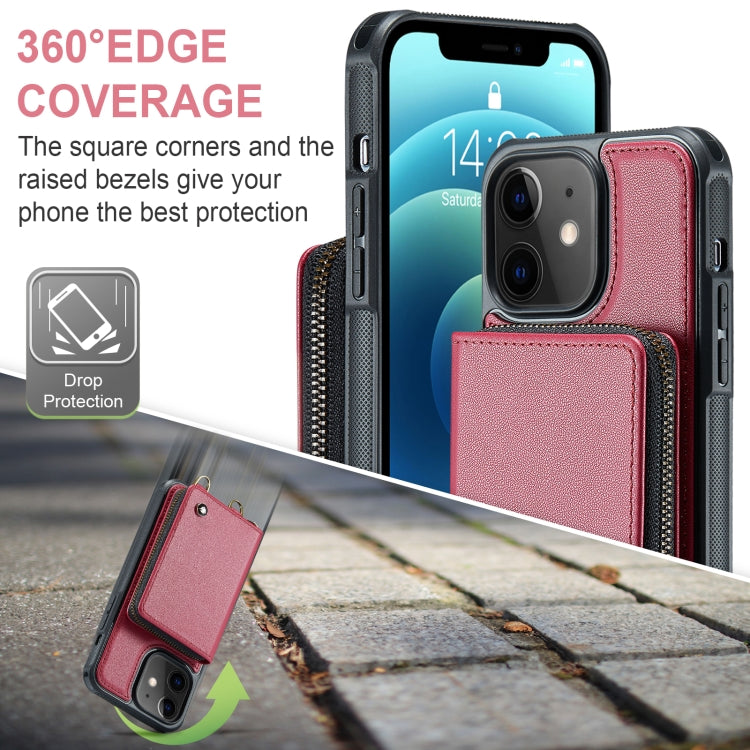 For iPhone 12 JEEHOOD C22 Series Zipper Wallet Leather Phone Case with Dual Lanyard(Red) - iPhone 13 Cases by JEEHOOD | Online Shopping UK | buy2fix