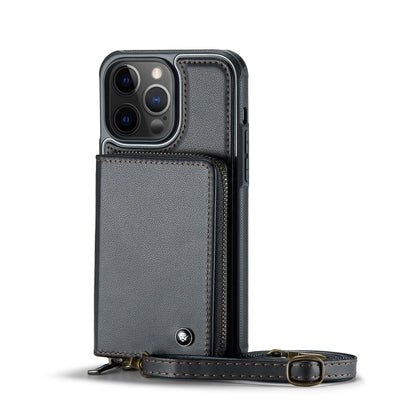 For iPhone 12 Pro Max JEEHOOD C22 Series Zipper Wallet Leather Phone Case with Dual Lanyard(Black) - iPhone 13 Cases by JEEHOOD | Online Shopping UK | buy2fix