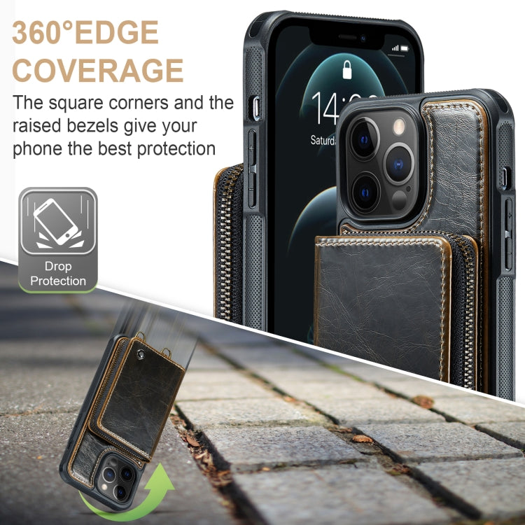 For iPhone 12 Pro Max JEEHOOD C22 Series Zipper Wallet Leather Phone Case with Dual Lanyard(Coffee) - iPhone 13 Cases by JEEHOOD | Online Shopping UK | buy2fix