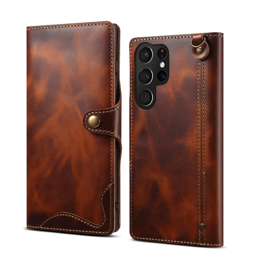 For Samsung Galaxy S23 Ultra 5G Denior Oil Wax Cowhide Magnetic Button Leather Phone Case(Brown)
