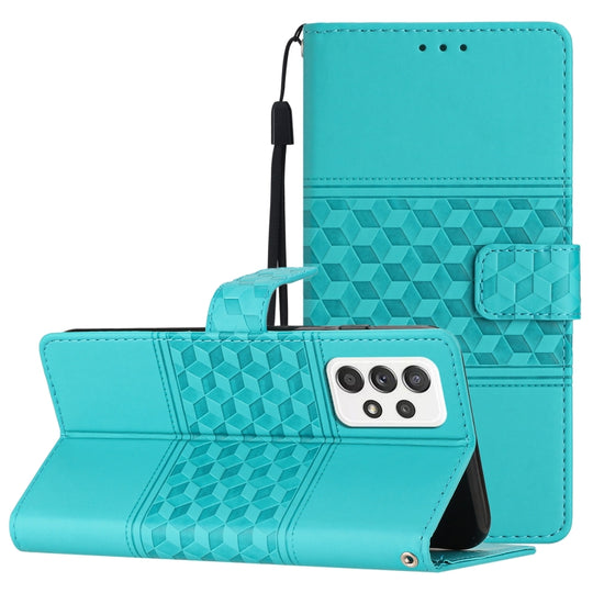 For Samsung Galaxy A73 Diamond Embossed Skin Feel Leather Phone Case with Lanyard(Blue)