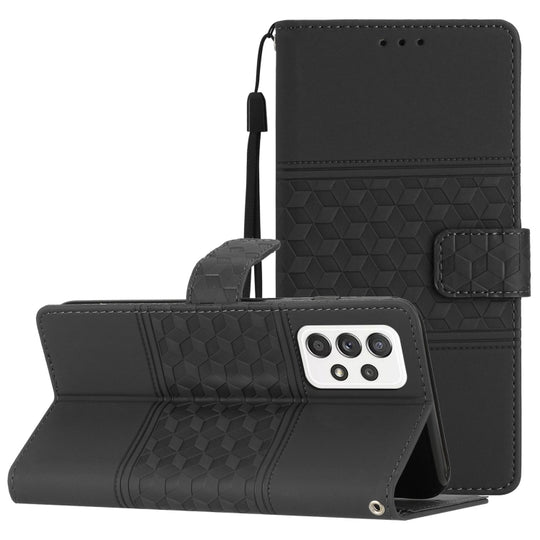 For Samsung Galaxy A73 Diamond Embossed Skin Feel Leather Phone Case with Lanyard(Black)