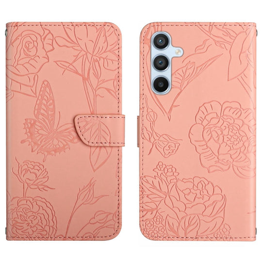 For Samsung Galaxy A34 5G HT03 Skin Feel Butterfly Embossed Flip Leather Phone Case(Pink)