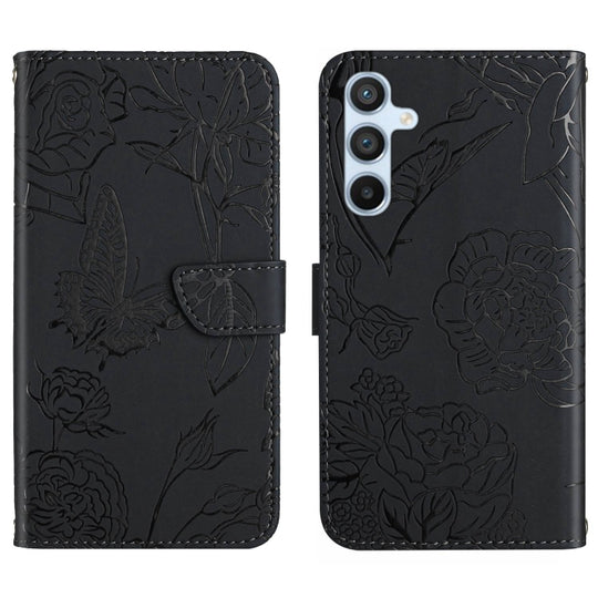 For Samsung Galaxy A34 5G HT03 Skin Feel Butterfly Embossed Flip Leather Phone Case(Black)