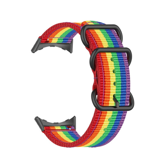 For Google Pixel Watch 5 / 4 / 3 / 2 / 1 41mm Three-ring Black Buckle Nylon Watch Band(Rainbow)