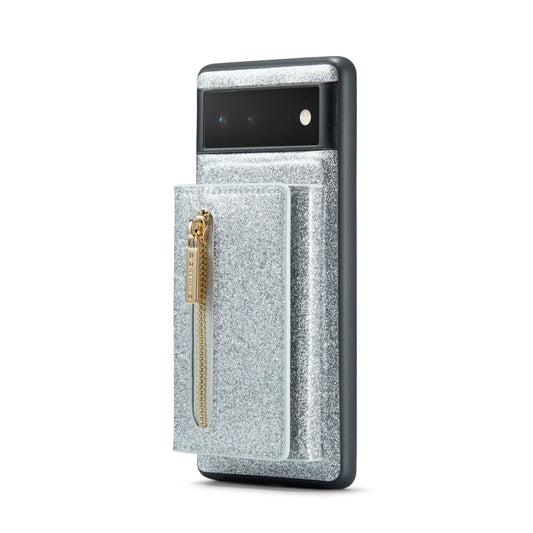 For Google Pixel 6a DG.MING M3 Series Glitter Powder Card Bag Leather Case(Silver) - Google Cases by DG.MING | Online Shopping UK | buy2fix