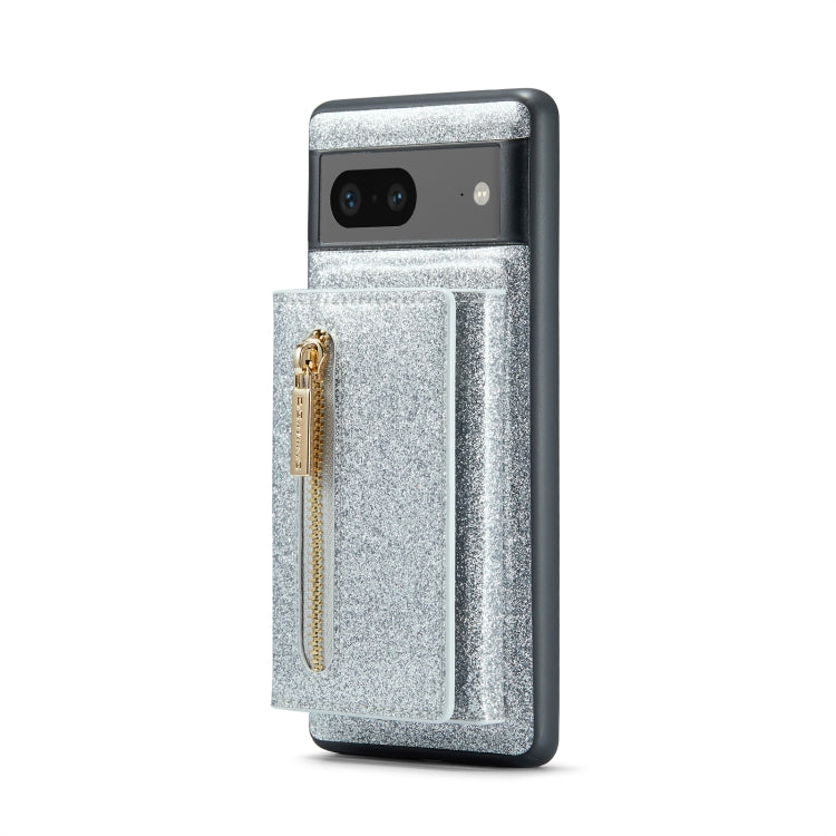 For Google Pixel 7 DG.MING M3 Series Glitter Powder Card Bag Leather Case(Silver) - Google Cases by DG.MING | Online Shopping UK | buy2fix