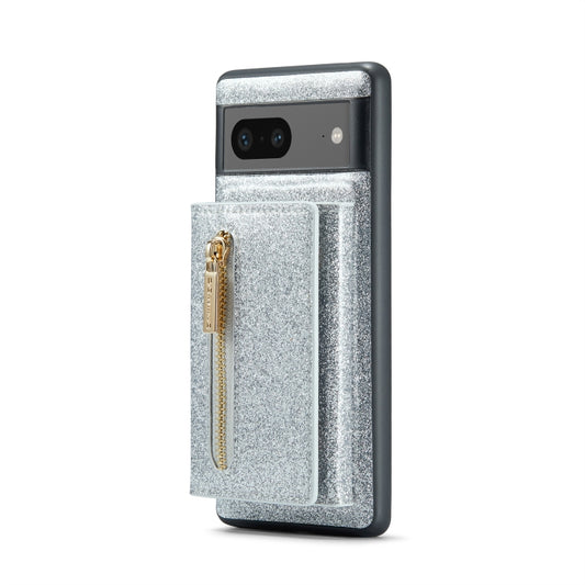 For Google Pixel 7 DG.MING M3 Series Glitter Powder Card Bag Leather Case(Silver) - Google Cases by DG.MING | Online Shopping UK | buy2fix