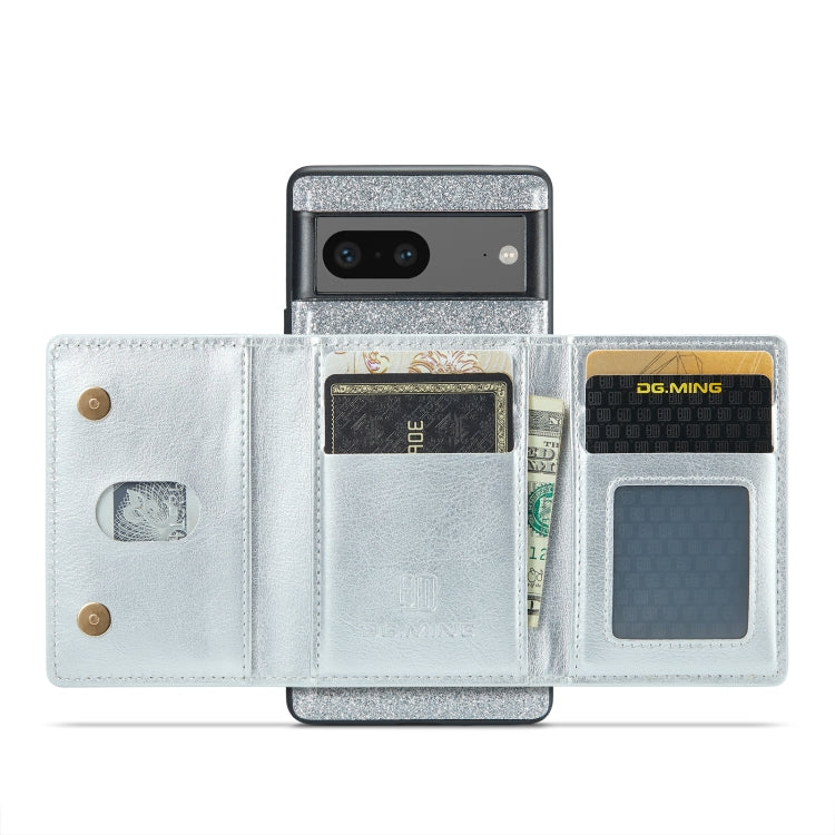 For Google Pixel 7 DG.MING M3 Series Glitter Powder Card Bag Leather Case(Silver) - Google Cases by DG.MING | Online Shopping UK | buy2fix