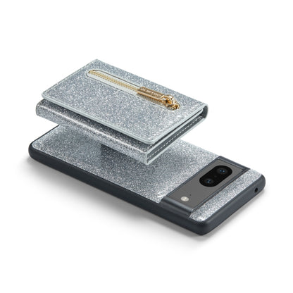 For Google Pixel 7 DG.MING M3 Series Glitter Powder Card Bag Leather Case(Silver) - Google Cases by DG.MING | Online Shopping UK | buy2fix