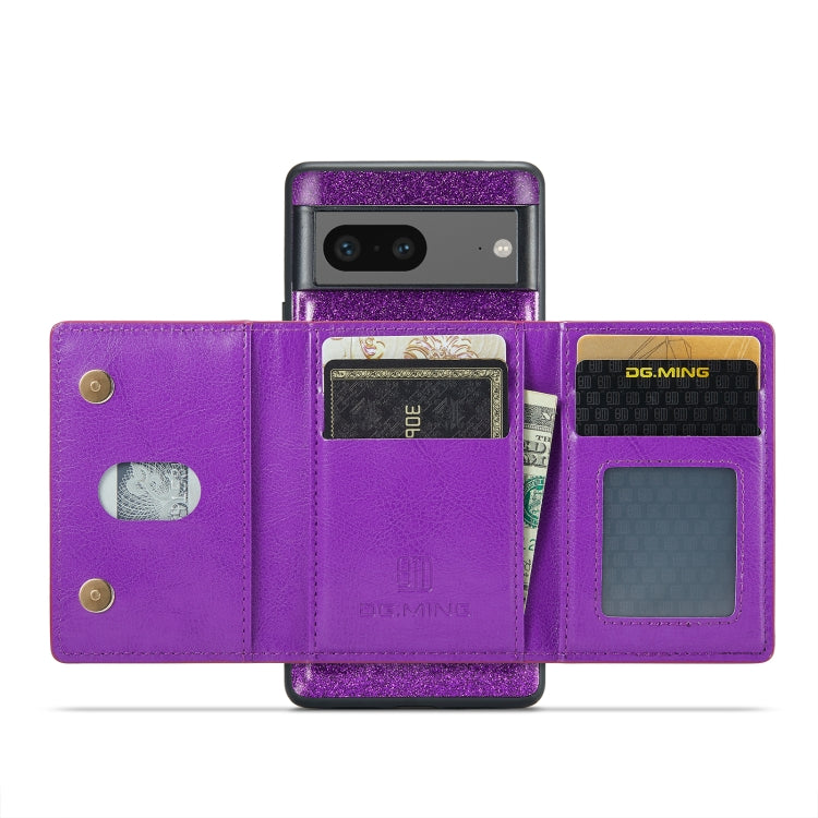 For Google Pixel 7 DG.MING M3 Series Glitter Powder Card Bag Leather Case(Dark Purple) - Google Cases by DG.MING | Online Shopping UK | buy2fix
