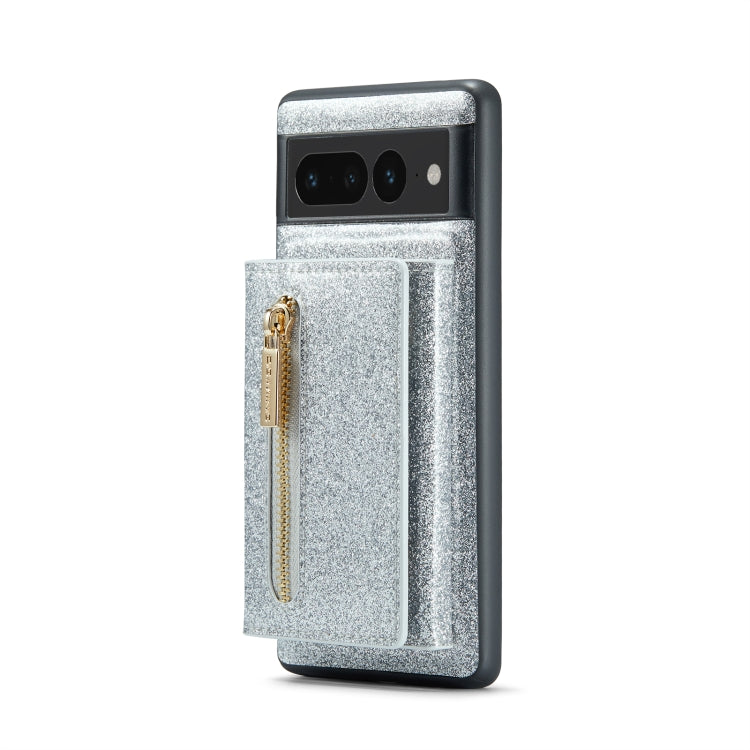 For Google Pixel 7 Pro DG.MING M3 Series Glitter Powder Card Bag Leather Case(Silver) - Google Cases by DG.MING | Online Shopping UK | buy2fix