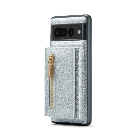 For Google Pixel 7 Pro DG.MING M3 Series Glitter Powder Card Bag Leather Case(Silver) - Google Cases by DG.MING | Online Shopping UK | buy2fix