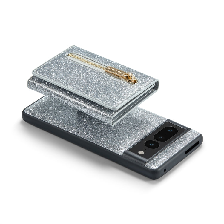 For Google Pixel 7 Pro DG.MING M3 Series Glitter Powder Card Bag Leather Case(Silver) - Google Cases by DG.MING | Online Shopping UK | buy2fix