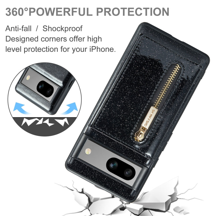 For Google Pixel 7A DG.MING M3 Series Glitter Powder Card Bag Leather Case(Black) - Google Cases by DG.MING | Online Shopping UK | buy2fix