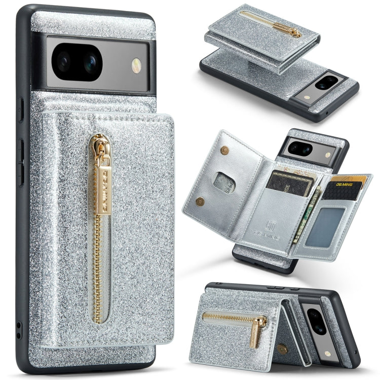 For Google Pixel 7A DG.MING M3 Series Glitter Powder Card Bag Leather Case(Silver) - Google Cases by DG.MING | Online Shopping UK | buy2fix