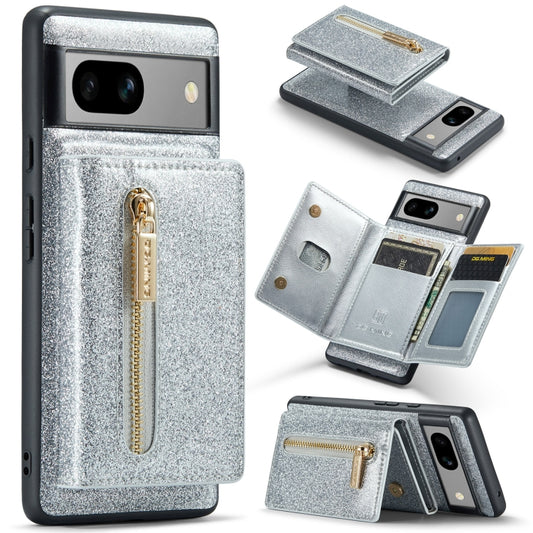 For Google Pixel 7A DG.MING M3 Series Glitter Powder Card Bag Leather Case(Silver) - Google Cases by DG.MING | Online Shopping UK | buy2fix