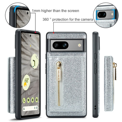 For Google Pixel 7A DG.MING M3 Series Glitter Powder Card Bag Leather Case(Silver) - Google Cases by DG.MING | Online Shopping UK | buy2fix