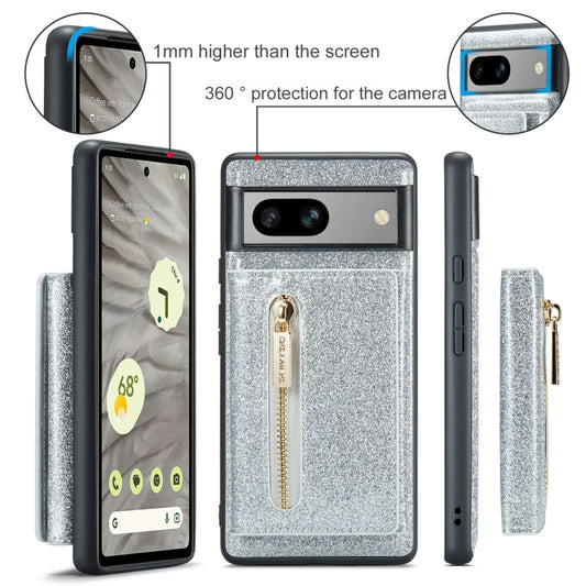 For Google Pixel 7A DG.MING M3 Series Glitter Powder Card Bag Leather Case(Silver) - Google Cases by DG.MING | Online Shopping UK | buy2fix