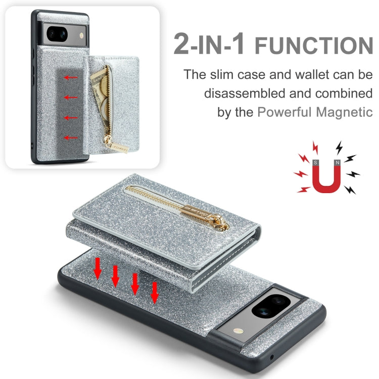 For Google Pixel 7A DG.MING M3 Series Glitter Powder Card Bag Leather Case(Silver) - Google Cases by DG.MING | Online Shopping UK | buy2fix