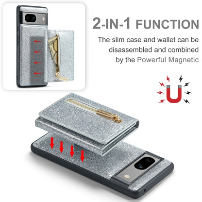 For Google Pixel 7A DG.MING M3 Series Glitter Powder Card Bag Leather Case(Silver) - Google Cases by DG.MING | Online Shopping UK | buy2fix